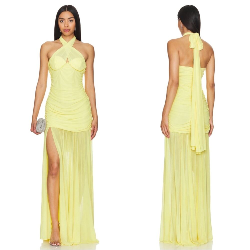 RETROFETE Maisie Sheer Draped Ruched Chiffon Halterneck Yellow Maxi Dress Sz XS
